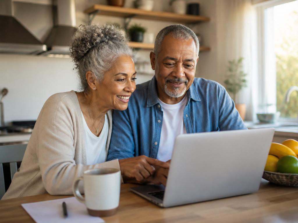 Happy older couple filling out a form on a laptop