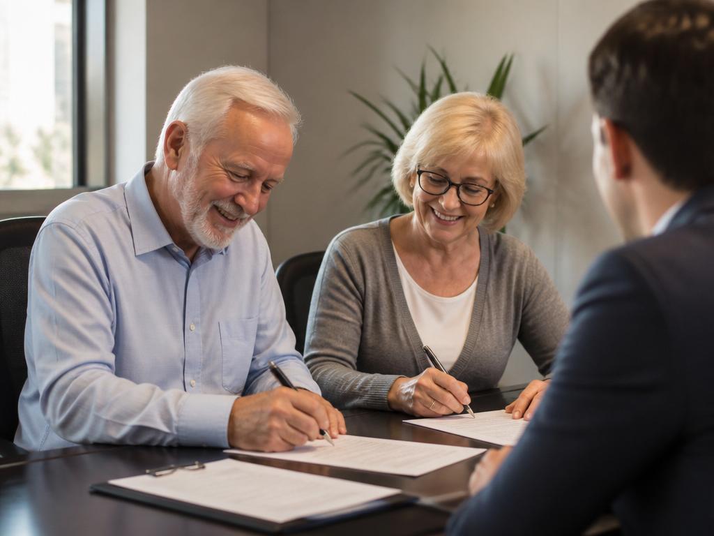 Happy older couple signing their will documents